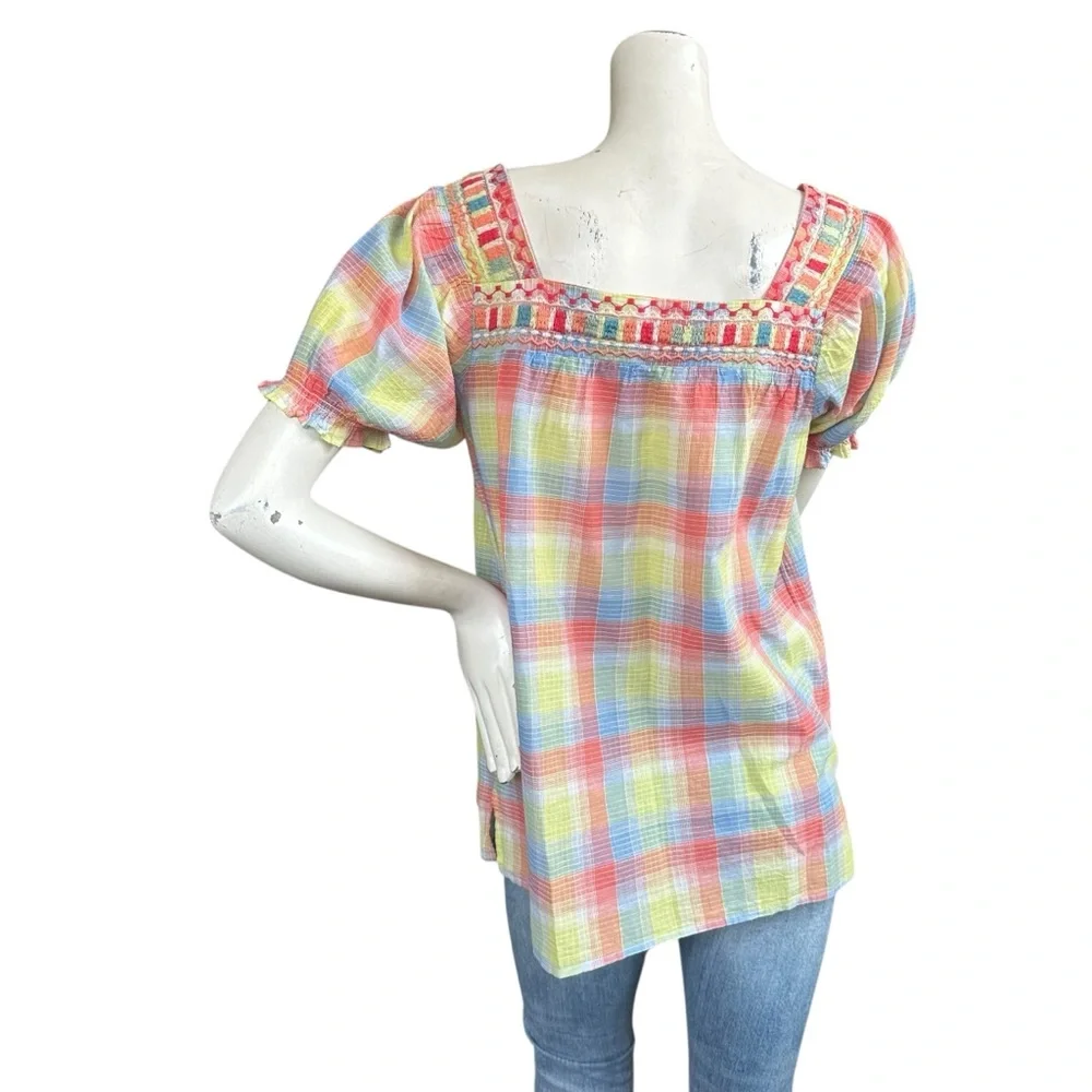 Johnny Was DELACEY PUFF SLEEVE PEASANT TOP Pastel Plaid Square Neck Size Small